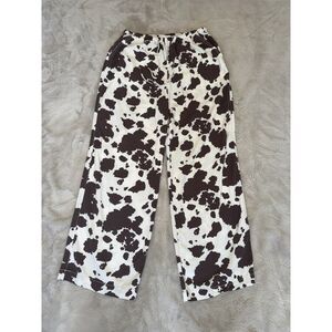 Cali 1850 Cow Print Wide Leg Pull On Pants Rayon Linen Blend Small Brown